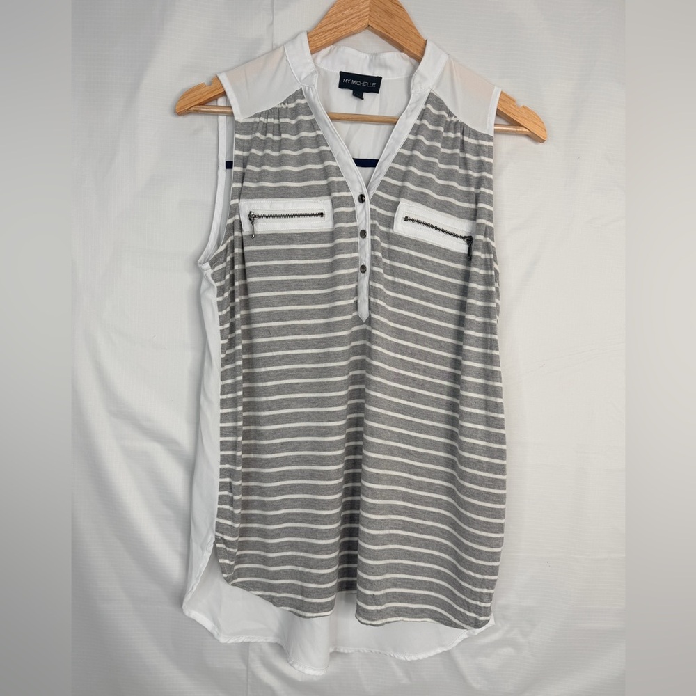 My Michelle Womens L Striped Sleeveless‎ Blouse Zip Pocket High Low